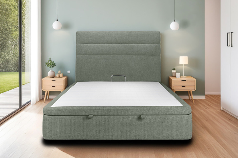Lit coffre 200x200 cm avec Tête de lit à lignes - Tissu Toile natté