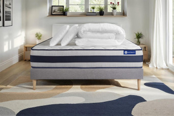 Pack lit complet 160x200 cm - Matelas + Sommier Gris (en kit) + 2 oreillers + Couette - Actiflex Ergo