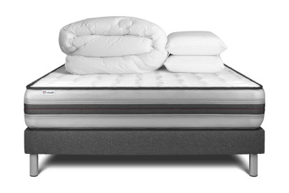 Pack lit complet 160x200 cm - Matelas + Sommier Gris (en kit) + 2 oreillers + Couette - Vitalpower Recover