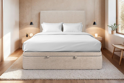 Lit coffre 160x200 cm avec Tête de lit tapissée - Tissu Toile natté Beige Brun
