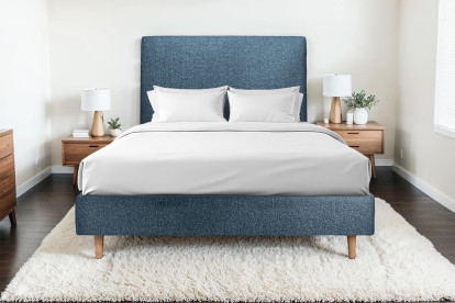 Lit 135x190 cm - Sommier tapissier H35 cm + tête de lit tapissée - Tissu Bouclette Bleu