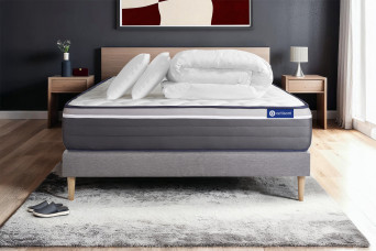 Pack lit complet 180x200 cm - Matelas + Sommier Gris (en kit) + 2 oreillers + Couette - Actilatex Plus