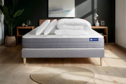 Pack lit complet 140x200 cm - Matelas + Sommier Gris (en kit) + 2 oreillers + Couette - Actiflex Dream