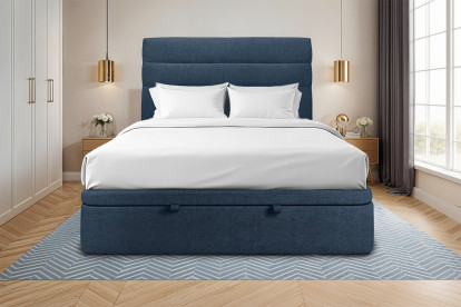 Lit coffre 200x200 cm avec Tête de lit à lignes - Tissu Toile natté Bleu Océan