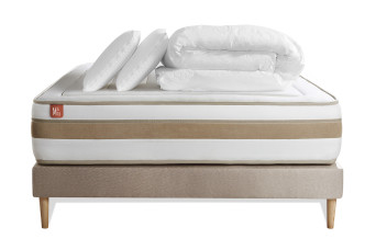 Pack lit complet 140x190 cm - Matelas + Sommier Beige + 2 oreillers + Couette - Le Raffiné