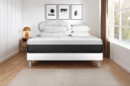Pack lit complet 180x200 cm - Matelas + Sommier Blanc (en kit) + 2 oreillers + Couette - Vital Form