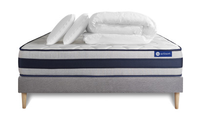 Pack lit complet 160x200 cm - Matelas + Sommier Gris (en kit) + 2 oreillers + Couette - Actilatex Ergo
