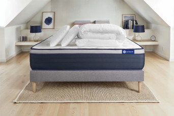 Pack lit complet 140x190 cm - Matelas + Sommier Gris (en kit) + 2 oreillers + Couette - Actimemo Max Pack lit complet 140x190 cm - Matelas + Sommier Gris (en kit) + 2 oreillers + Couette - Actimemo Max