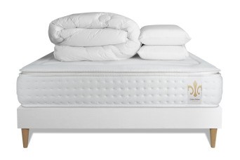 Pack lit complet 140x200 cm - Matelas + Sommier Blanc + 2 oreillers + Couette - Vingt-Quatre PLUS Pack lit complet 140x200 cm - Matelas + Sommier Blanc + 2 oreillers + Couette - Vingt-Quatre PLUS