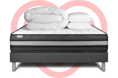 Pack lit complet 200x200 cm - Matelas + Sommier Gris (en kit) + 2 oreillers + Couette - Vital Power Zen