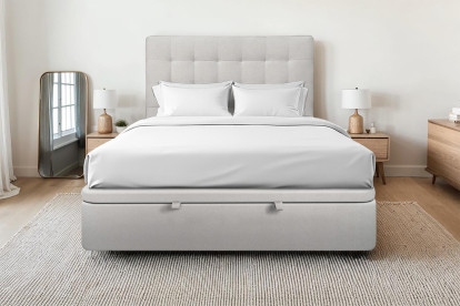 Lit coffre 200x200 cm avec Tête de lit capitonnée - Tissu Velours Gris Clair