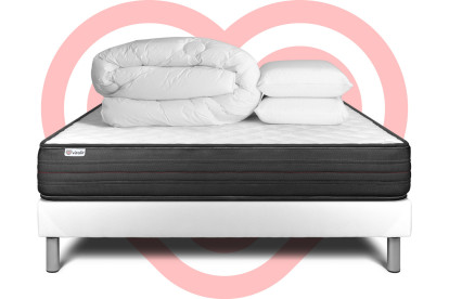 Pack lit complet 140x200 cm - Matelas + Sommier Blanc (en kit) + 2 oreillers + Couette - Vitalpower