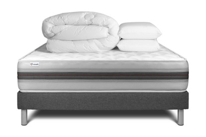 Pack lit complet 160x200 cm - Matelas + Sommier Gris (en kit) + 2 oreillers + Couette - Vitalmemo Back
