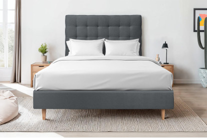 Lit 150x190 cm - Sommier tapissier H35 cm + tête de lit capitonnée - Tissu Velours Gris Anthracite