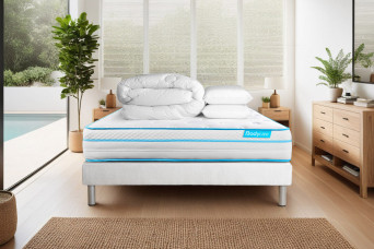 Pack lit complet 160x200 cm - Matelas + Sommier Blanc (en kit) + 2 oreillers + Couette - BodyMax Pack lit complet 160x200 cm - Matelas + Sommier Blanc (en kit) + 2 oreillers + Couette - BodyMax