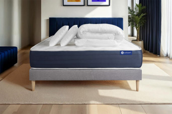 Pack lit complet 200x200 cm - Matelas + Sommier Gris (en kit) + 2 oreillers + Couette - Actimemo Sleep