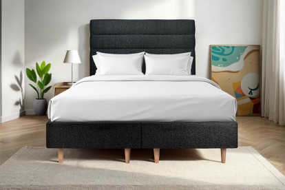 Lit 2x 90x200 cm - Sommier tapissier H35 cm + tête de lit à lignes - Tissu Bouclette Noir
