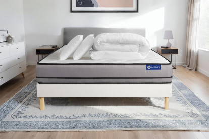 Pack lit complet 200x200 cm - Matelas + Sommier Blanc (en kit) + 2 oreillers + Couette - Actimemo Night