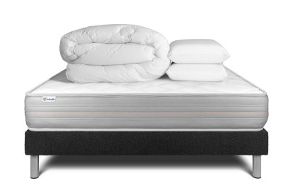 Pack lit complet 160x200 cm - Matelas + Sommier Noir (en kit) + 2 oreillers + Couette - Vitalmemo
