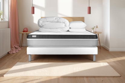 Pack lit complet 140x190 cm - Matelas + Sommier Blanc (en kit) + 2 oreillers + Couette - Vital Ergo