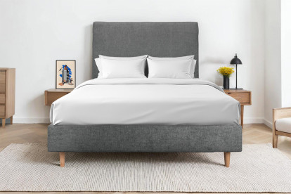 Lit 140x200 cm - Sommier tapissier H35 cm + tête de lit tapissée - Tissu Toile natté Gris Anthracite