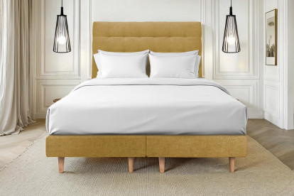 Lit 2x 100x200 cm - Sommier tapissier H29 cm + tête de lit capitonnée - Tissu Toile natté Jaune