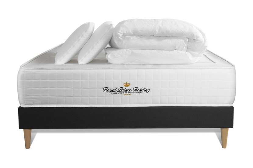Pack lit complet 200x200 cm - Matelas + Sommier Noir (en kit) + 2 oreillers + Couette - Windsor