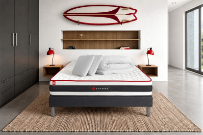 Pack lit complet 140x200 cm - Matelas + Sommier Noir + 2 oreillers + Couette - Energy