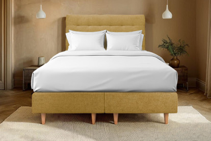 Lit 2x 80x200 cm - Sommier tapissier H35 cm + tête de lit capitonnée - Tissu Toile natté Jaune