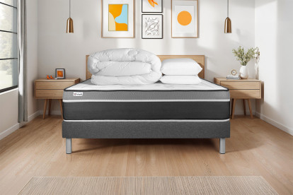 Pack lit complet 140x200 cm - Matelas + Sommier Gris (en kit) + 2 oreillers + Couette - Vital Care