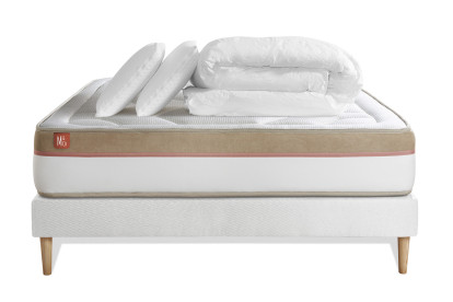 Pack lit complet 140x200 cm - Matelas + Sommier Blanc (en kit) + 2 oreillers + Couette - Le Cosy