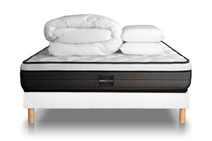 Pack lit complet 180x200 cm - Matelas + Sommier Blanc (en kit) + 2 oreillers + Couette - Suite