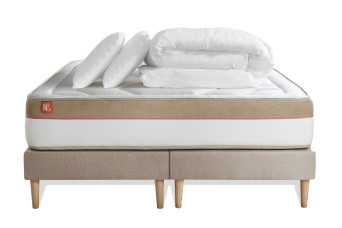 Pack lit complet 160x200 cm - Matelas + 2 Sommiers Beiges + 2 oreillers + Couette - Le Cosy