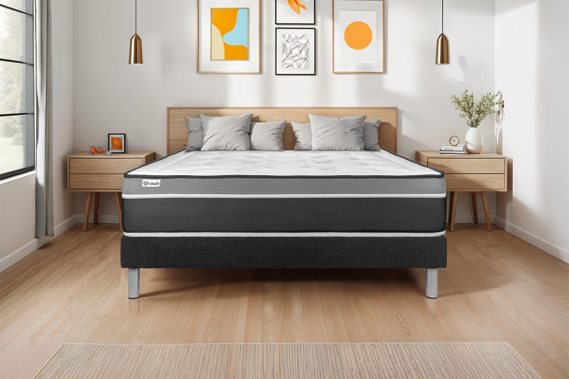 Ensemble Matelas Sommier 140x190 cm - Sommier Noir (en kit) - Vital Care