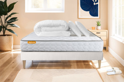 Pack lit complet 160x200 cm - Matelas + Sommier Blanc + 2 oreillers + Couette - Memo