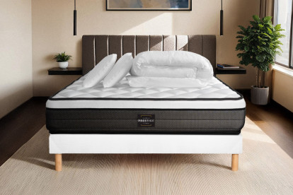 Pack lit complet 160x200 cm - Matelas + Sommier Blanc + 2 oreillers + Couette - Suite