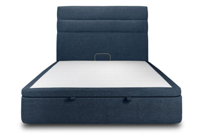Lit coffre 200x200 cm avec Tête de lit à lignes - Tissu Toile natté Bleu Océan