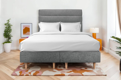 Lit 2x 90x200 cm - Sommier tapissier H35 cm + tête de lit à lignes - Tissu Toile natté Gris Anthracite