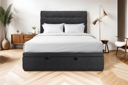 Lit coffre 180x200 cm avec Tête de lit capitonnée - Tissu Toile natté Noir