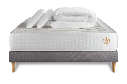 Pack lit complet 140x190 cm - Matelas + Sommier Gris + 2 oreillers + Couette - Vingt-Quatre