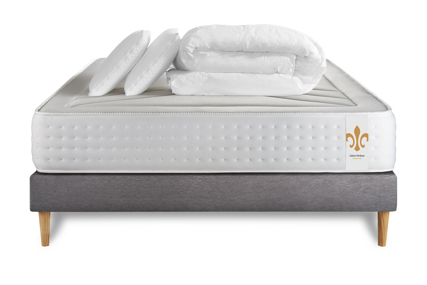 Pack sommier matelas 140 x 190 cm - Hauteur 24 cm - Couette et 2 oreillers - 7 z