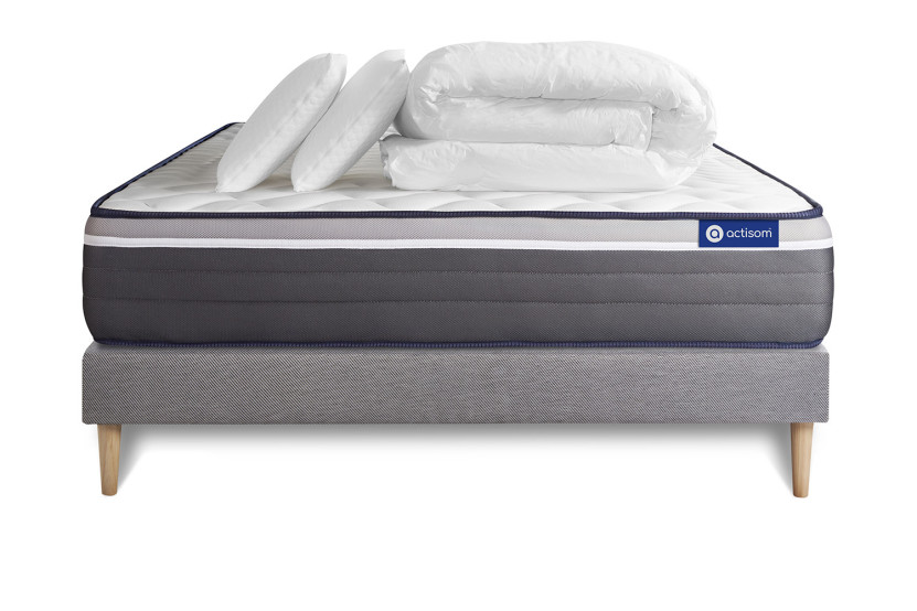 Pack lit complet 160x200 cm - Matelas + Sommier Gris (en kit) + 2 oreillers + Couette - Actiflex Plus