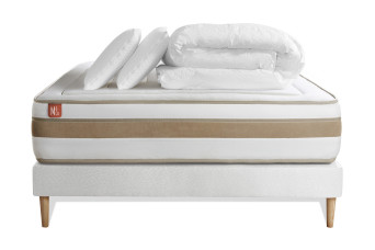 Pack lit complet 160x200 cm - Matelas + Sommier Blanc + 2 oreillers + Couette - Le Raffiné