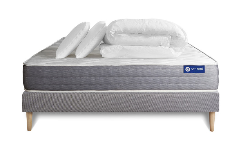 Pack lit complet 140x200 cm - Matelas + Sommier Gris (en kit) + 2 oreillers + Couette - Actimemo Dream
