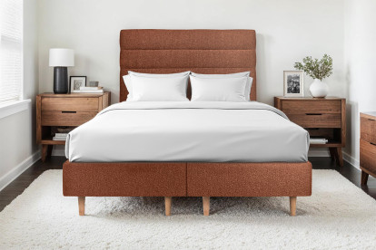 Lit 2x 90x200 cm - Sommier tapissier H35 cm + tête de lit à lignes - Tissu Bouclette Terracotta
