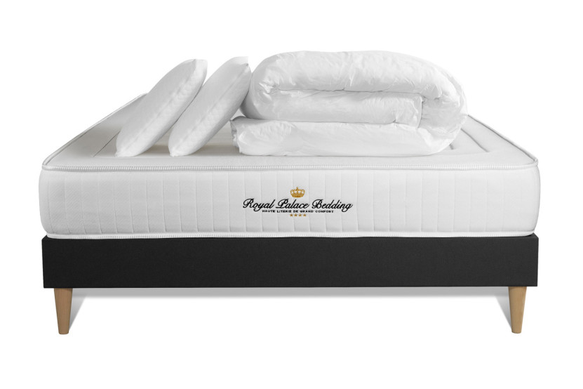 Pack lit complet 140x200 cm - Matelas + Sommier Noir (en kit) + 2 oreillers + Couette - Lancaster