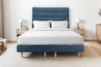 Lit 2x 90x200 cm - Sommier tapissier H29 cm + tête de lit capitonnée - Tissu Toile natté Bleu Océan