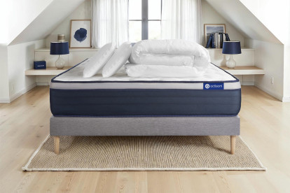 Pack lit complet 200x200 cm - Matelas + Sommier Gris (en kit) + 2 oreillers + Couette - Actiflex Max