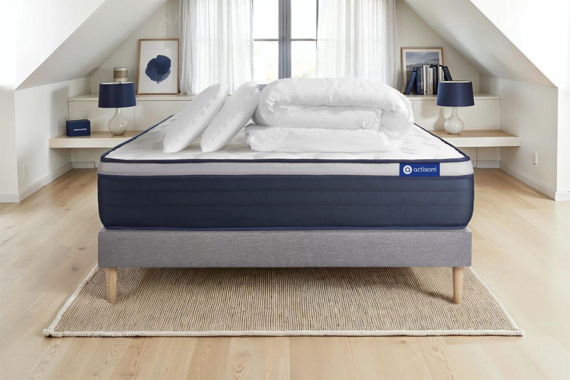 Pack lit complet 200x200 cm - Matelas + Sommier Gris (en kit) + 2 oreillers + Couette - Actiflex Max