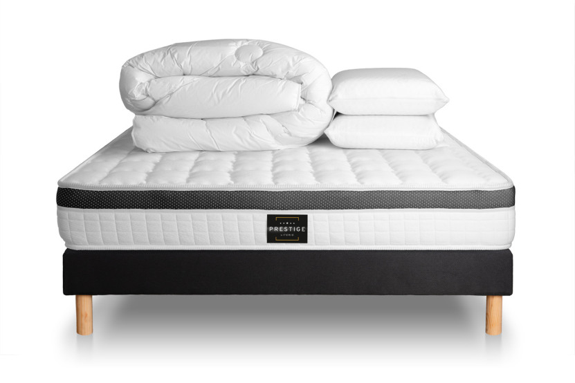 Pack lit complet 140x190 cm - Matelas + Sommier Noir + 2 oreillers + Couette - Supérieur